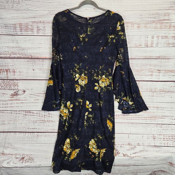 Dark Blue Lace Dress Yellow Roses M Bell Sleeve Line Whimsigoth Fairy Witch NWT - Picture 3 of 16
